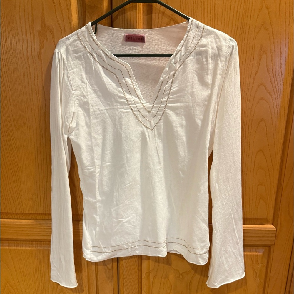 Velvet By Graham and Spencer Boho Blouse White With Beige Embroidery Size Small